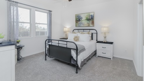 Large primary bedroom with large window and bedroom furniture