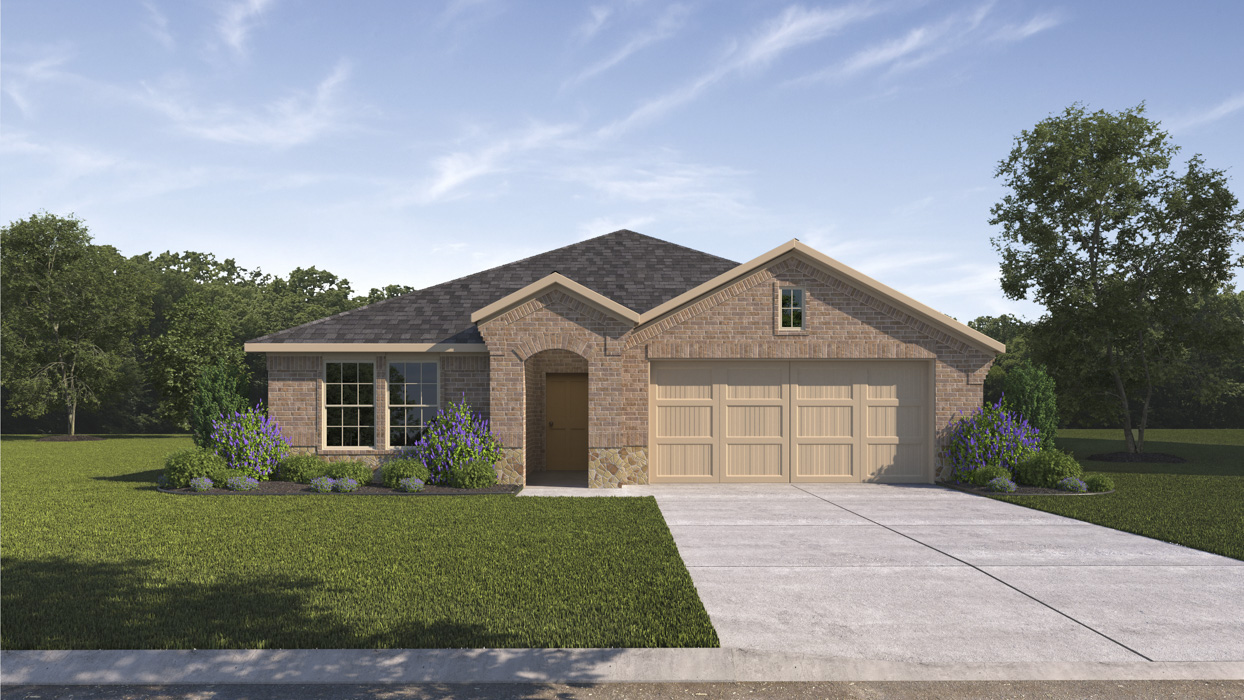 rendering of one story home with brick and stone exterior