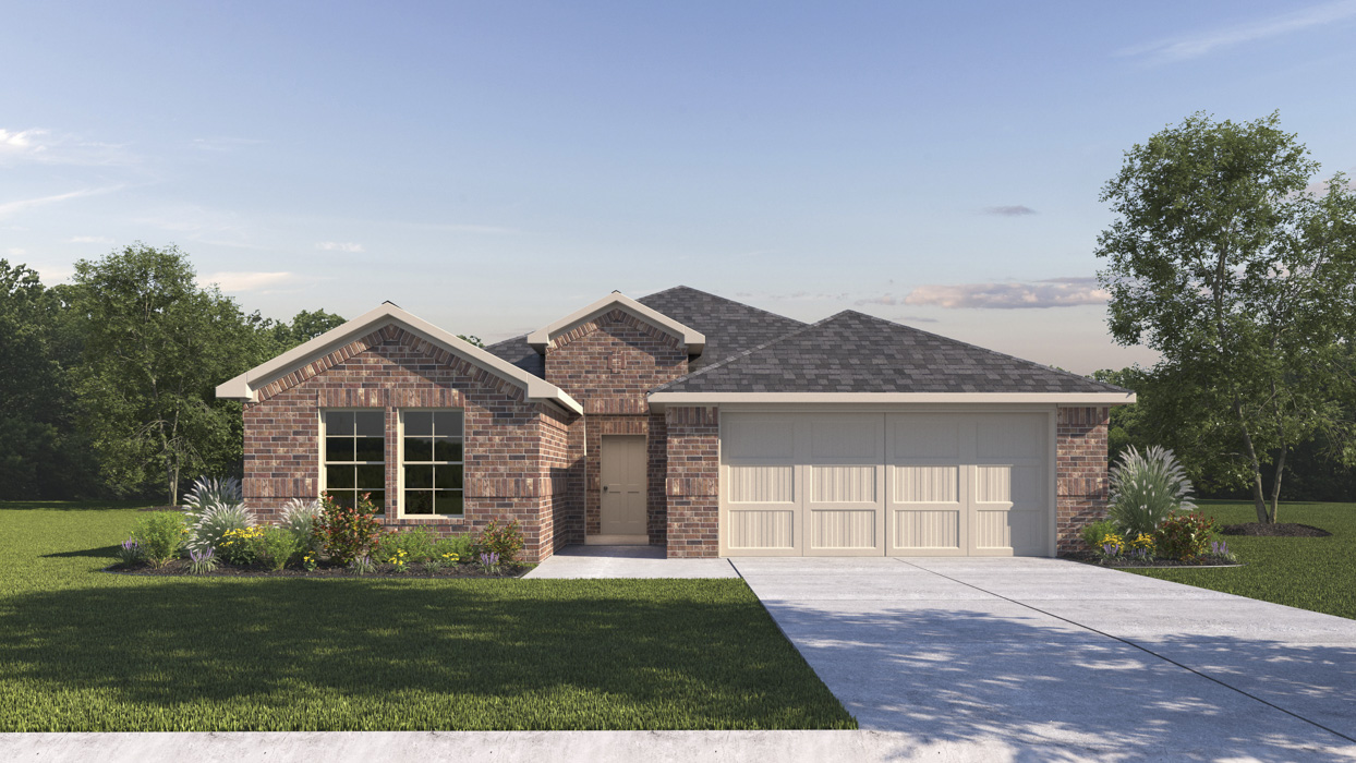 rendering of one story home with brick and stone exterior