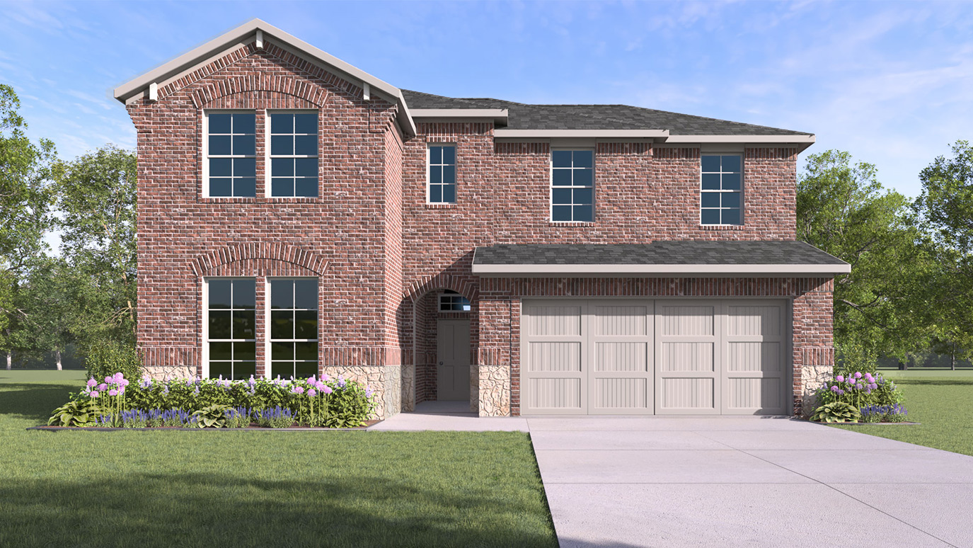 Two story home with brick siding and 2 car garage
