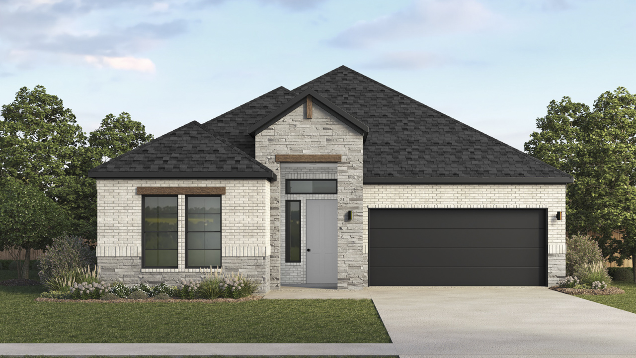 single story house rendering with 2 car garage