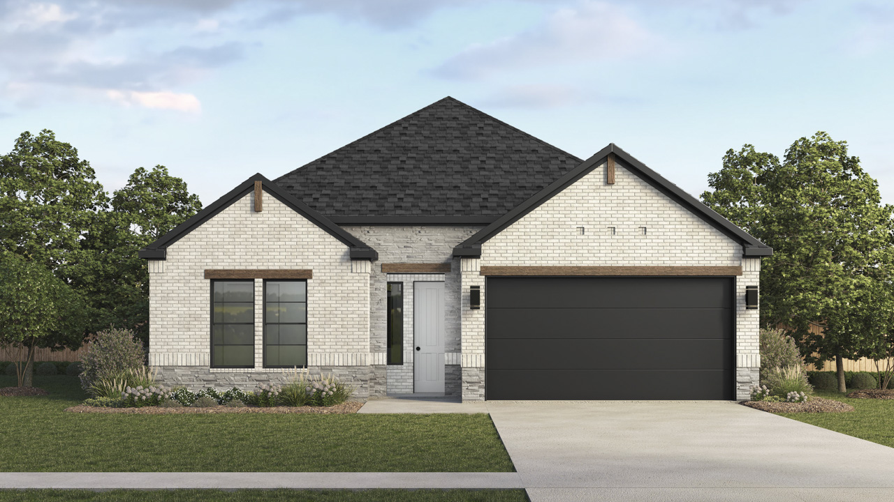 single story home rendering with 2 car garage