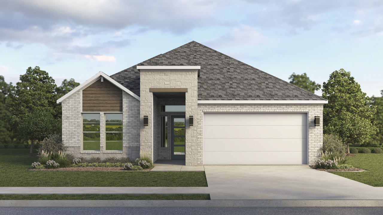 single story home rendering with 2 car garage
