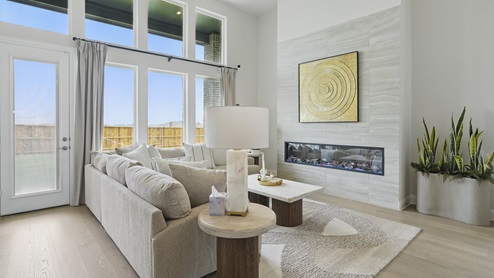 Interior living room with windows and built in fire place
