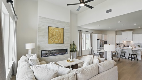 Interior living room with windows and built in fire place