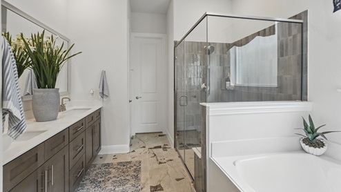 Interior bathroom with walk in shower and double vanity