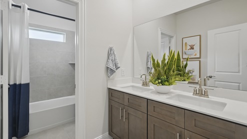 Interior bathroom with full sized shower and double vanity
