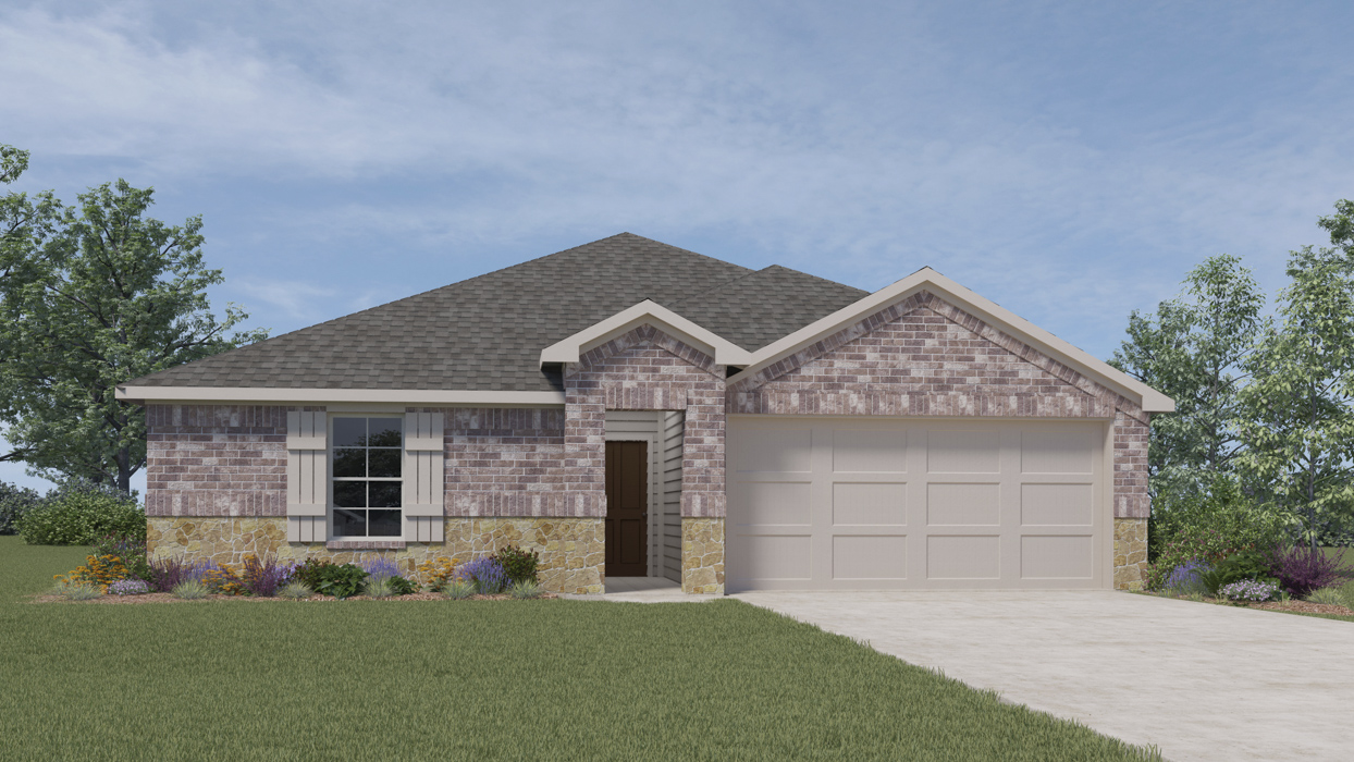 rendering of one story home with brick exterior with large window facing the front yard and middle front entry to the home