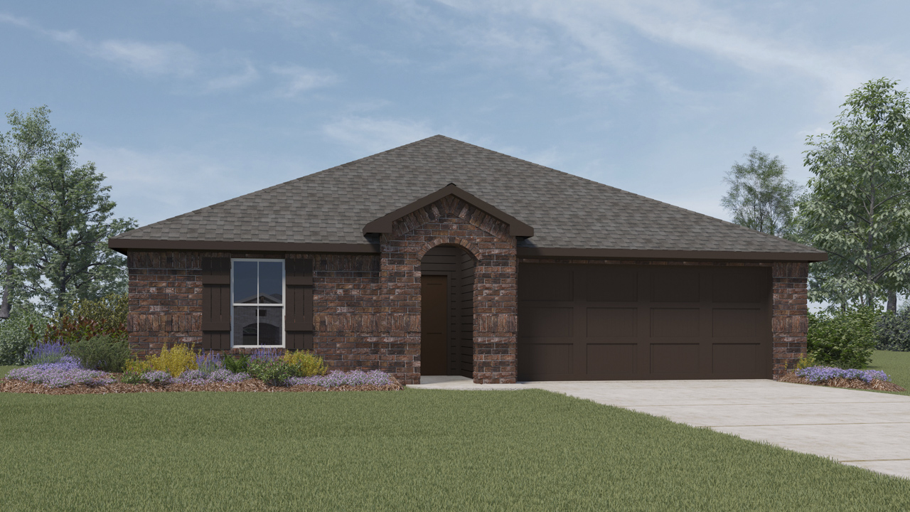 rendering of one story home with brick exterior and large window facing the front yard