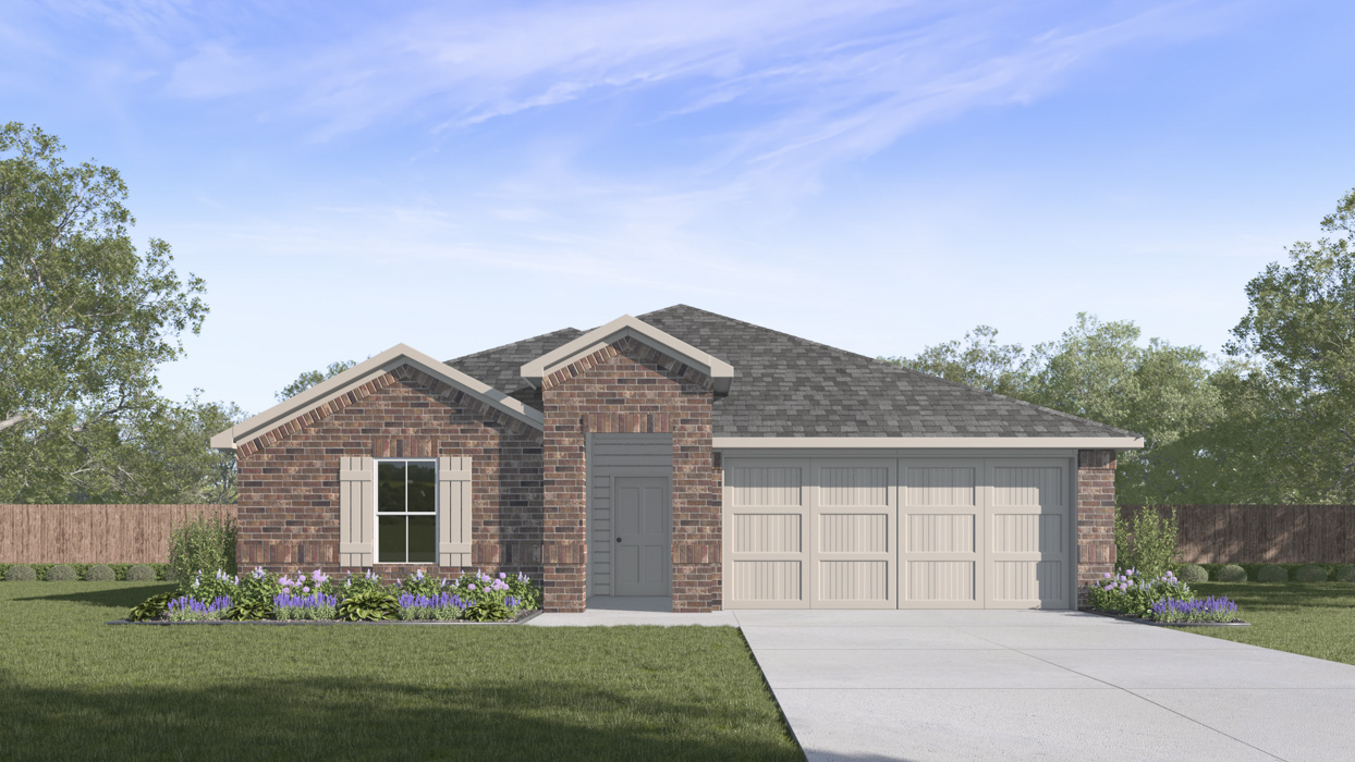 rendering of one story home with brick exterior and large windows facing the front yard