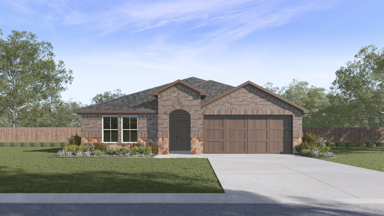 rendering of one story home with brick exterior and large windows facing the front yard