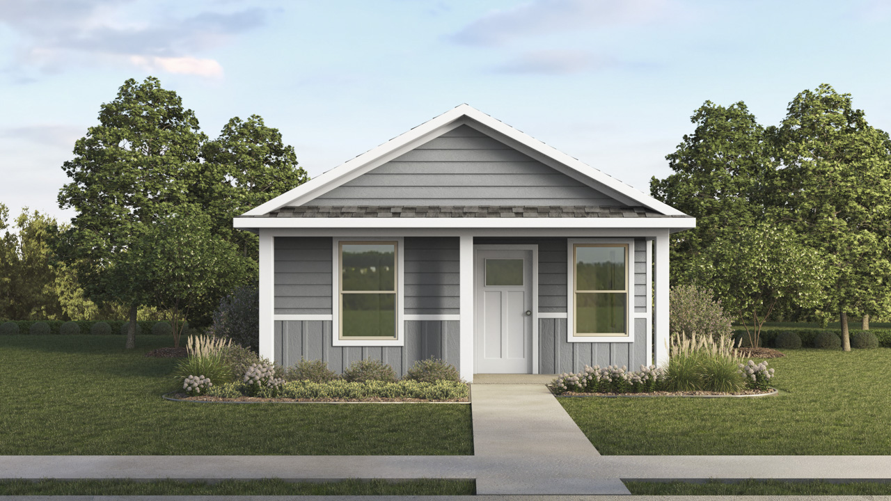 Rendering of a Cottage single story elevation with light gray siding and white accents