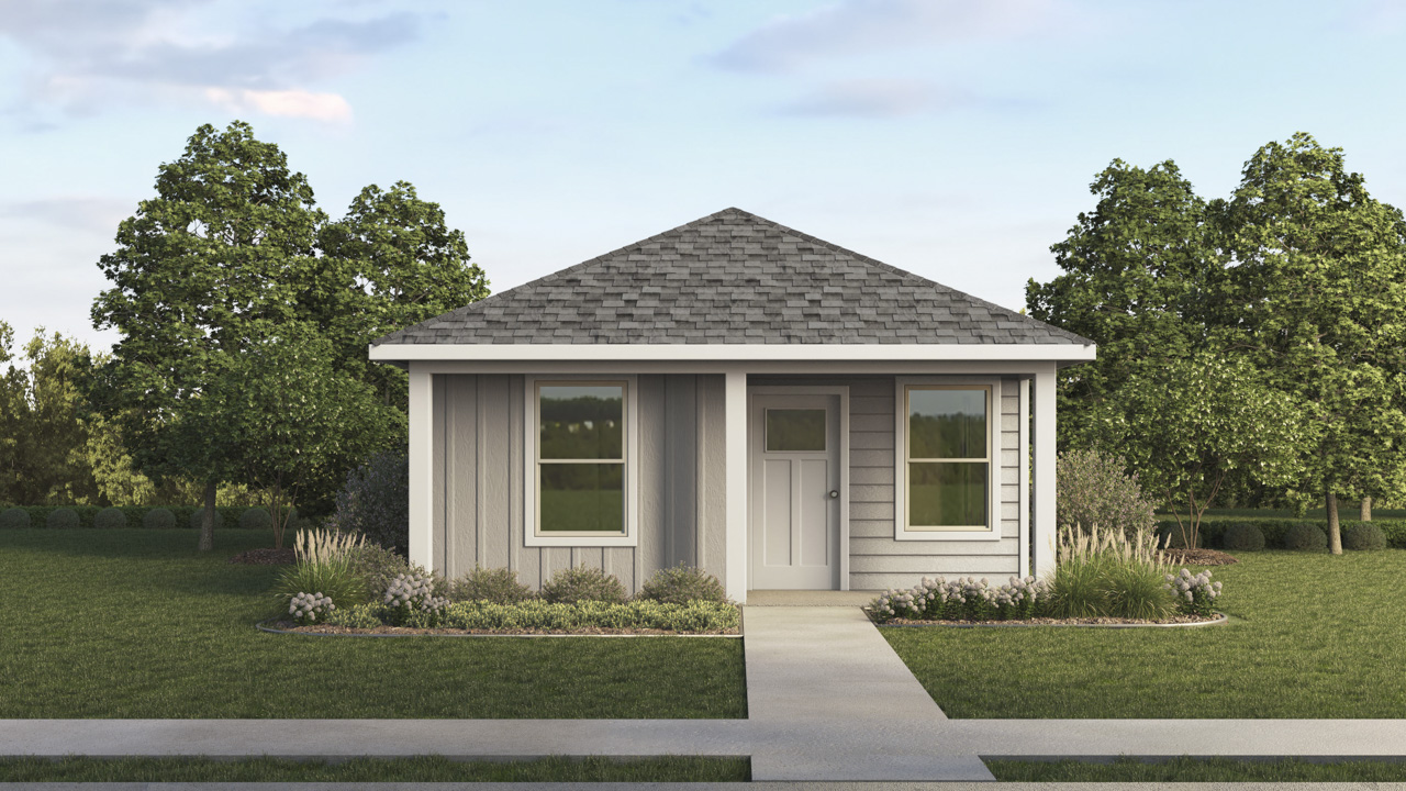 Rendering of a Cottage single story elevation with light gray siding and white accents