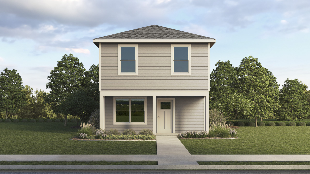 Rendering of a Cottage two story elevation with light gray siding and white accents