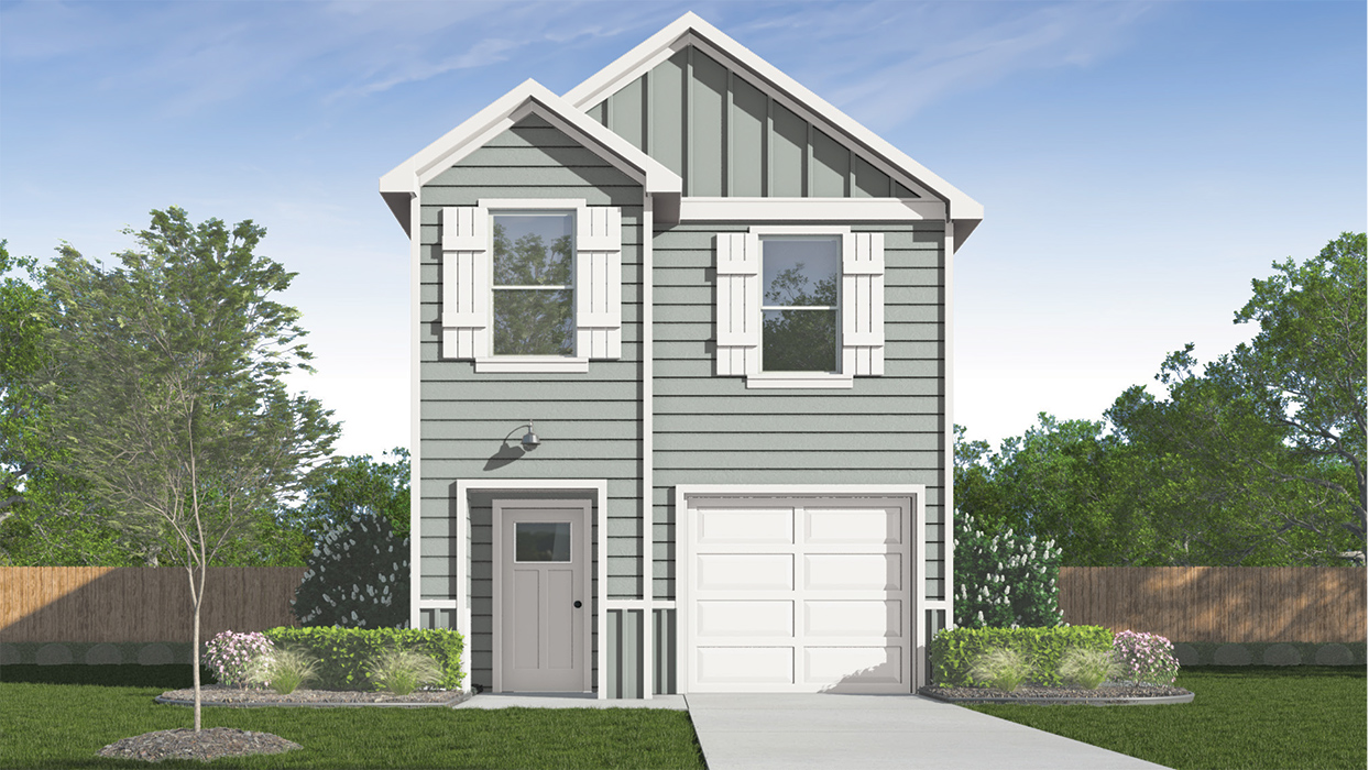 single story house rendering with 2 car garage