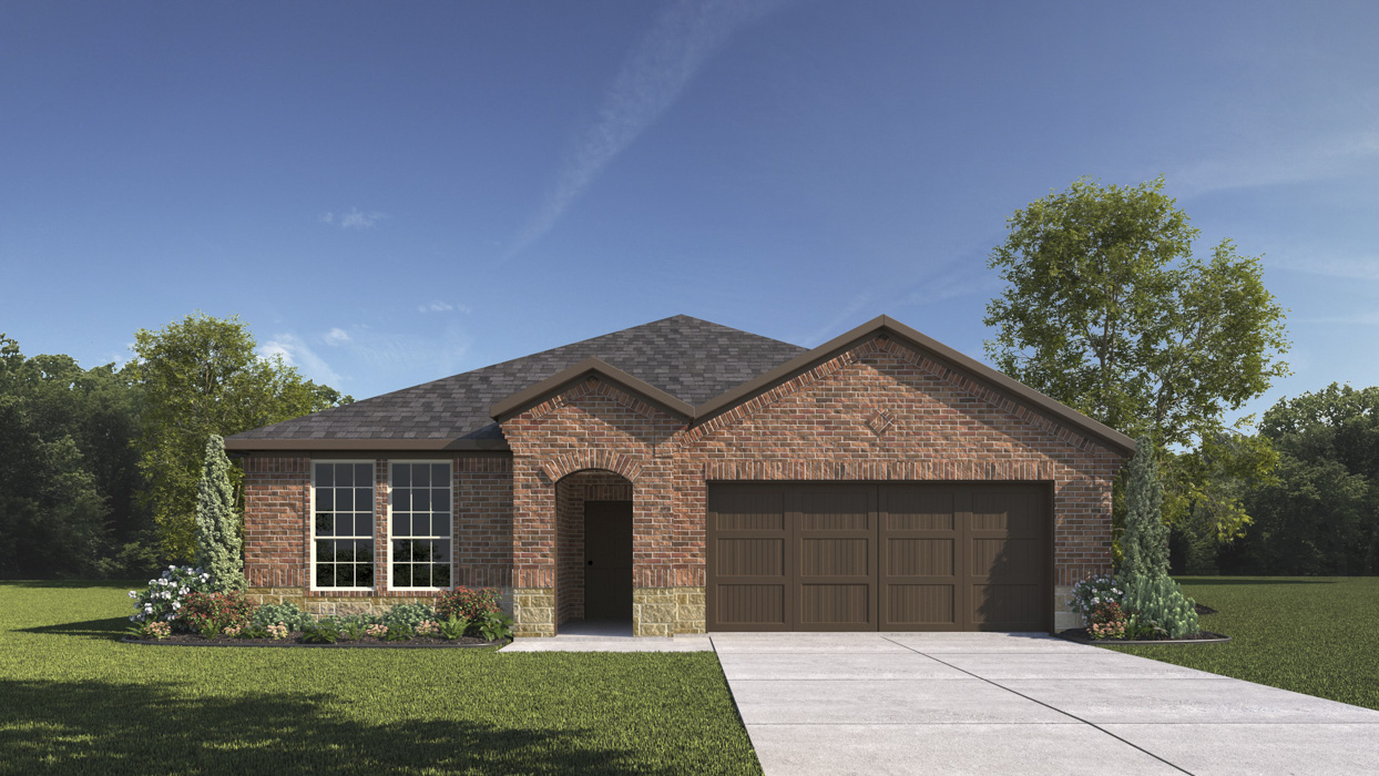 single story house rendering with 2 car garage