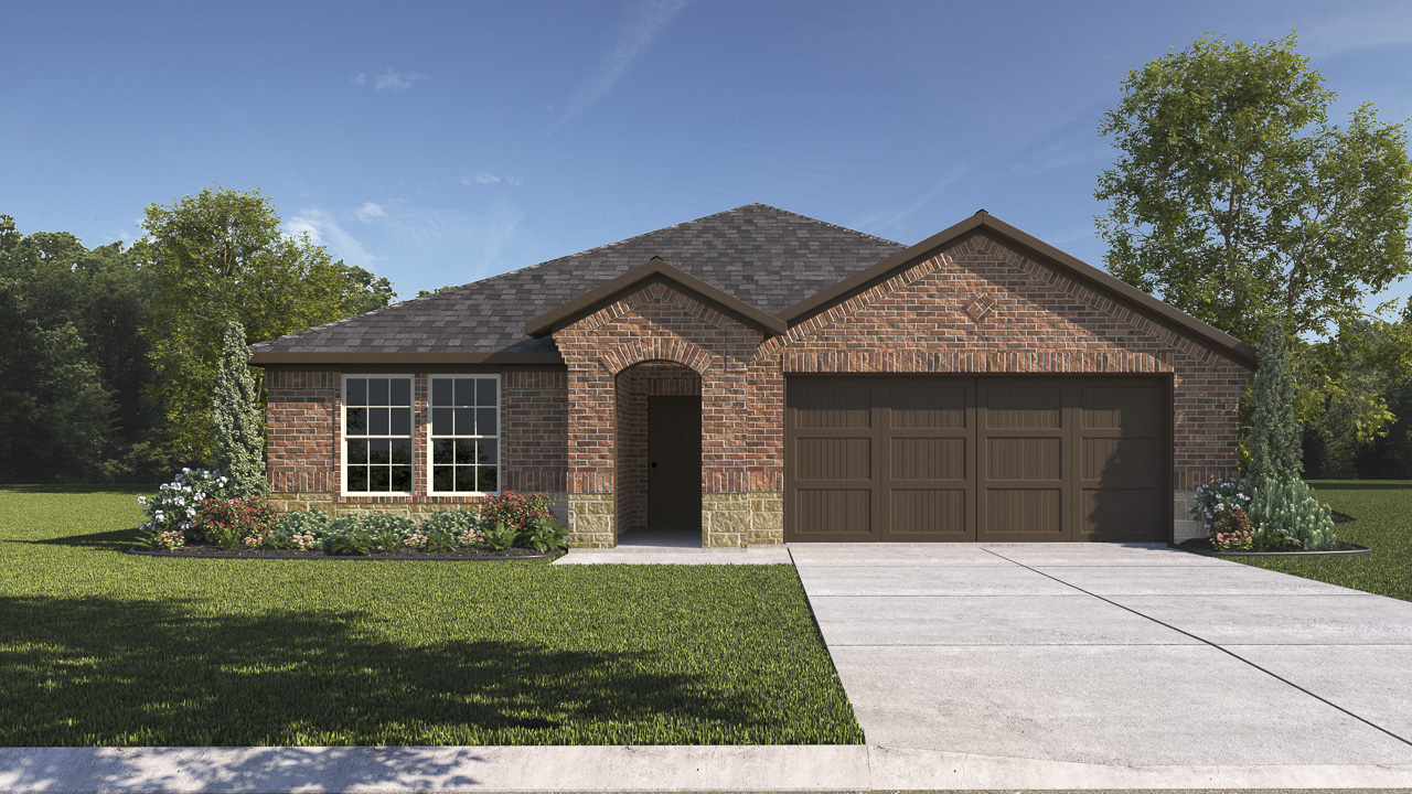 Exterior elevation rendering of home with brick and stone.