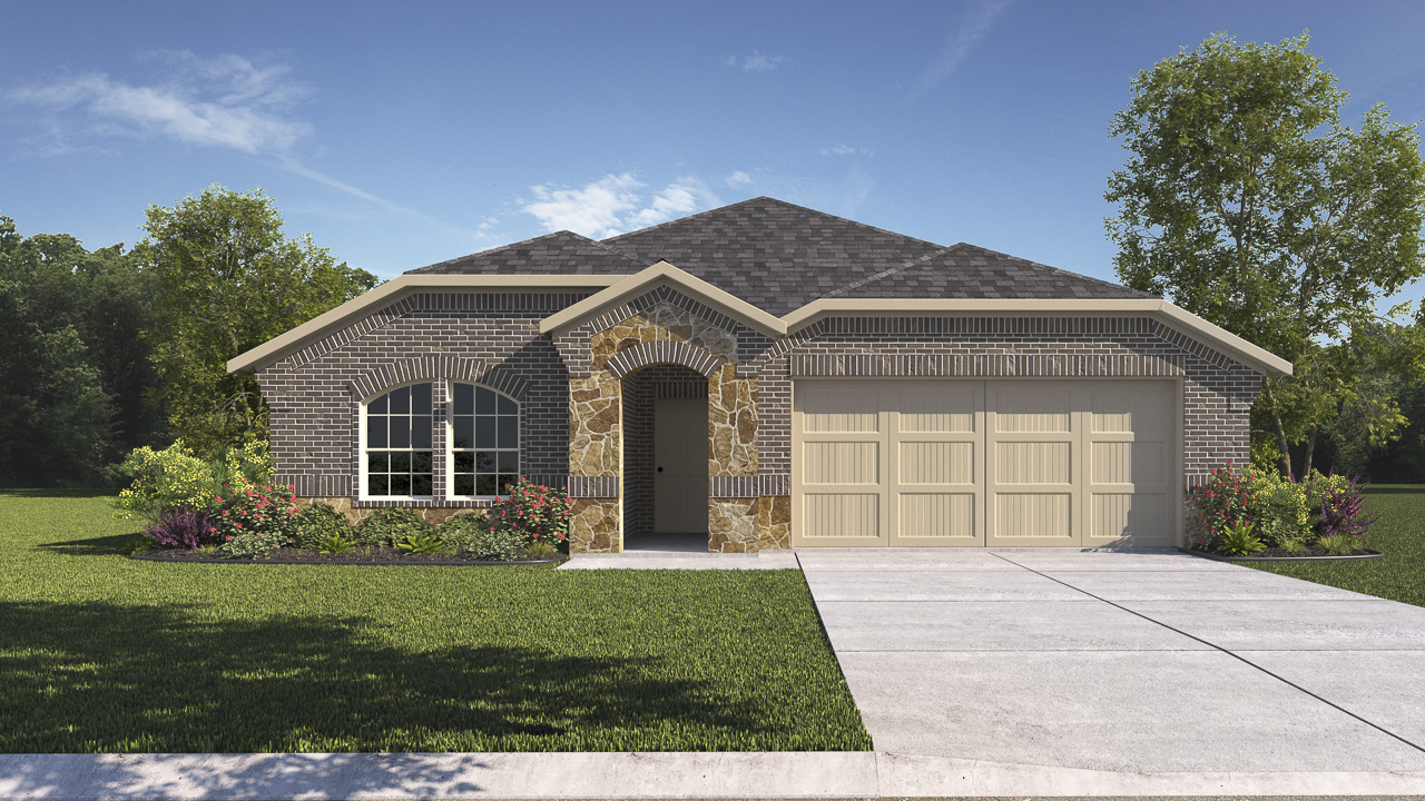Exterior elevation rendering of home with brick