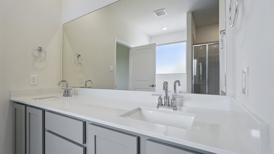 primary bathroom with large vanity and brown cabinets
