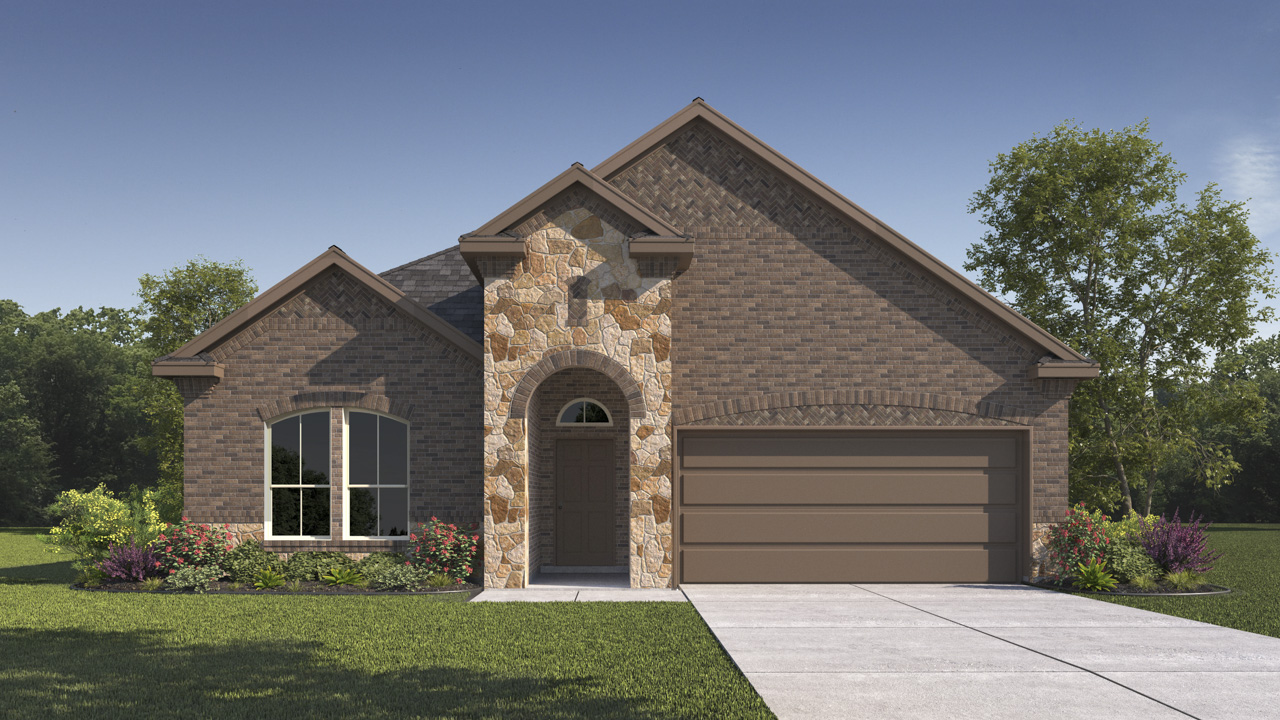 single story exterior elevation rendering of home with brick and stone