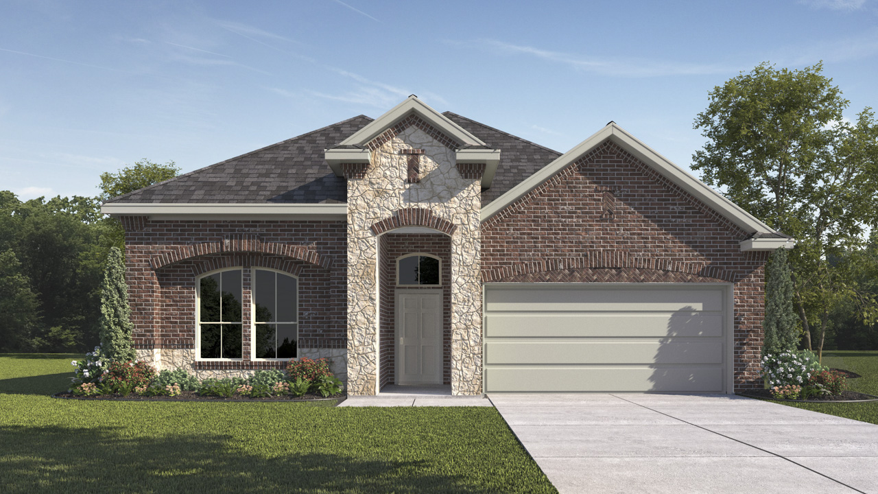 single story exterior elevation rendering of home with brick and stone