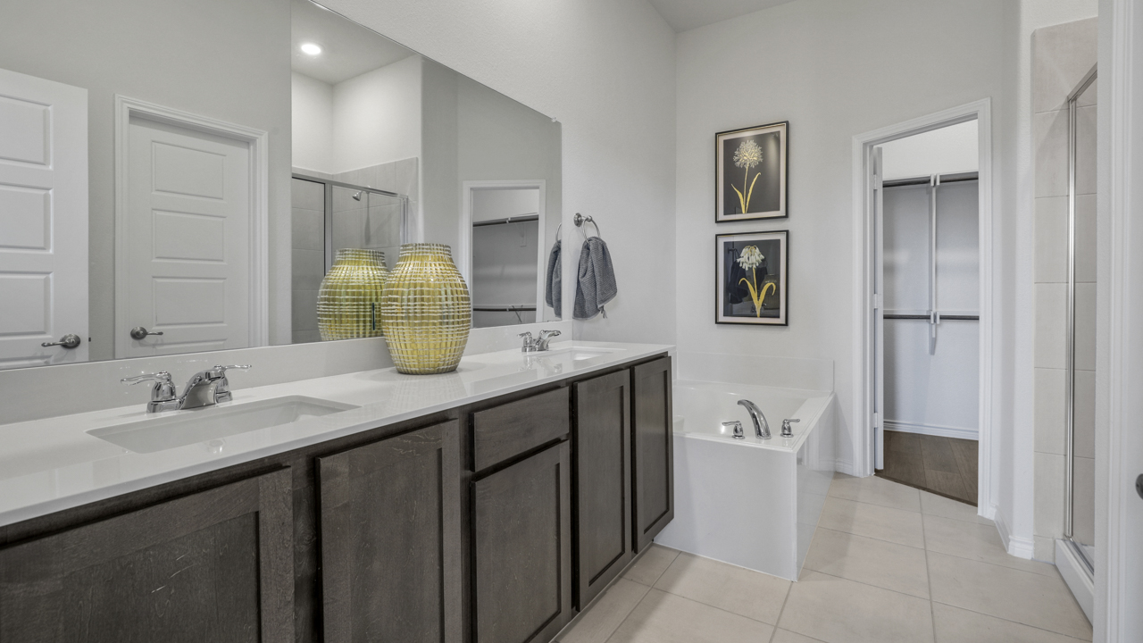 primary bathroom with elongated vanity and walk in closet