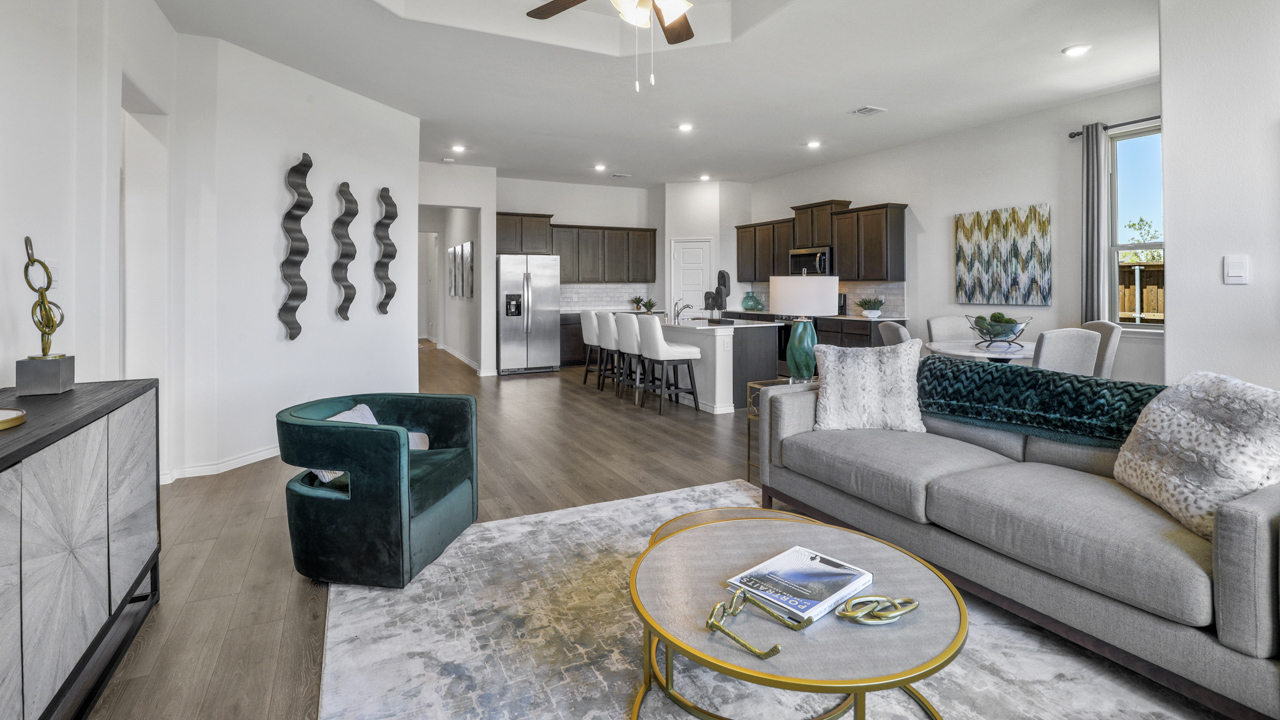 Large living room with open concept view into kitchen