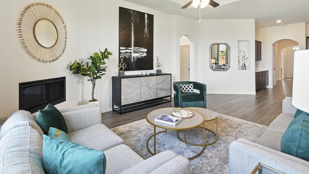 Large living room with open concept view into kitchen
