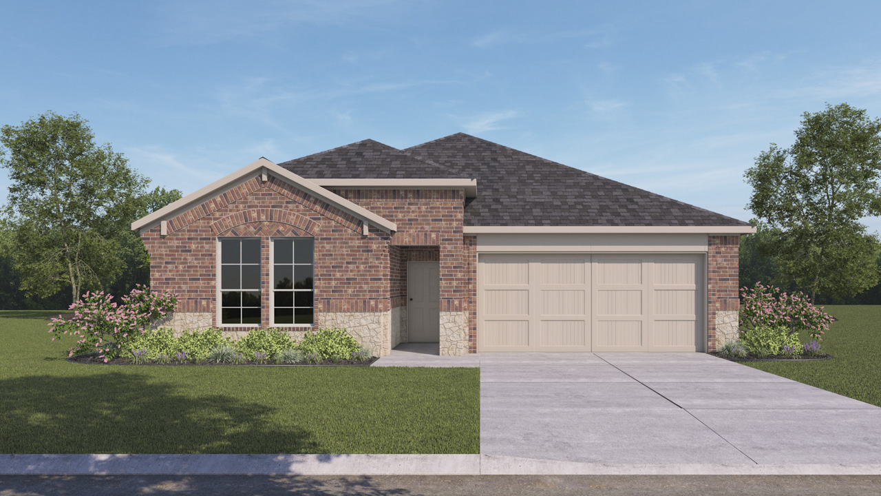 rendering of one story home with brick and stone exterior with large windows facing the front yard