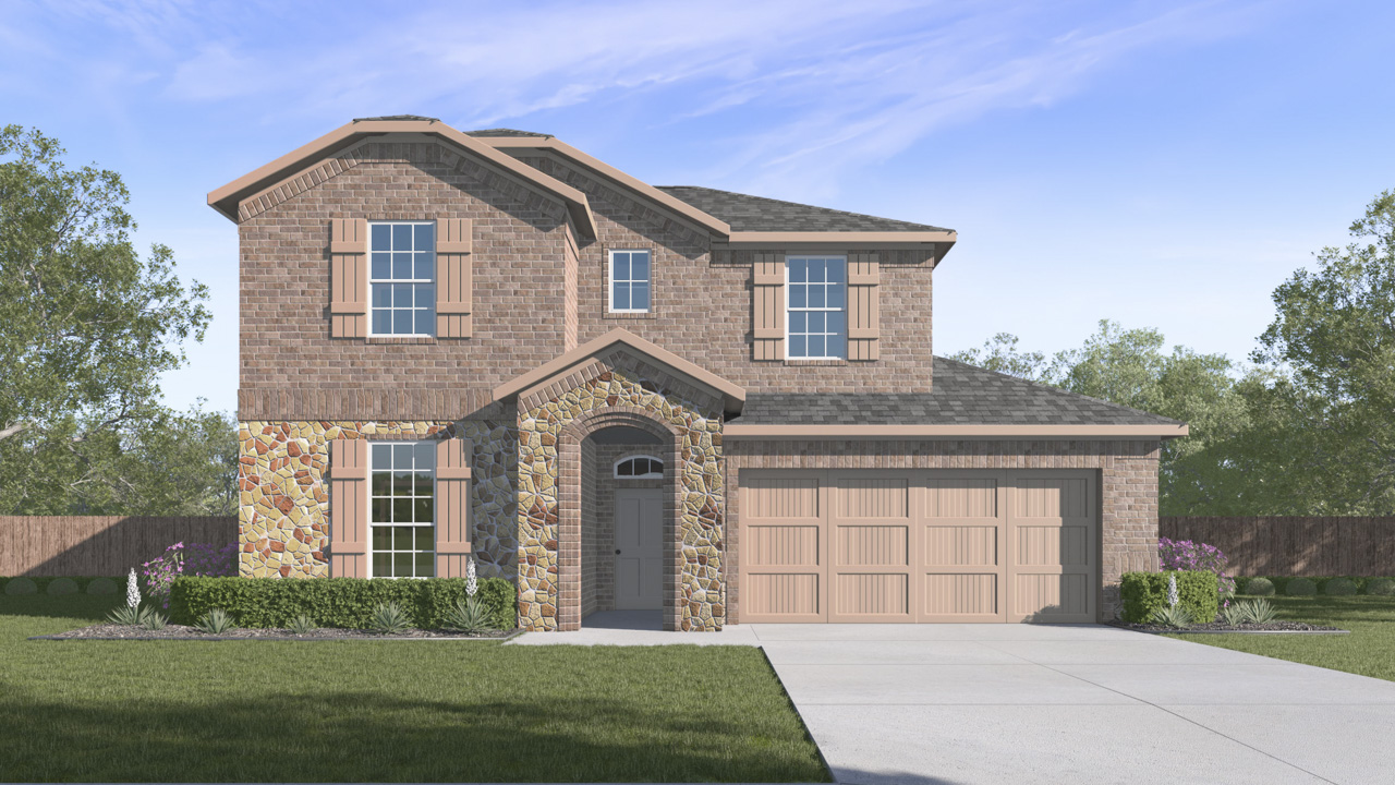 2 story house rendering with 2 car garage