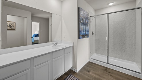 large primary bathroom with walk in shower and elongated vanity