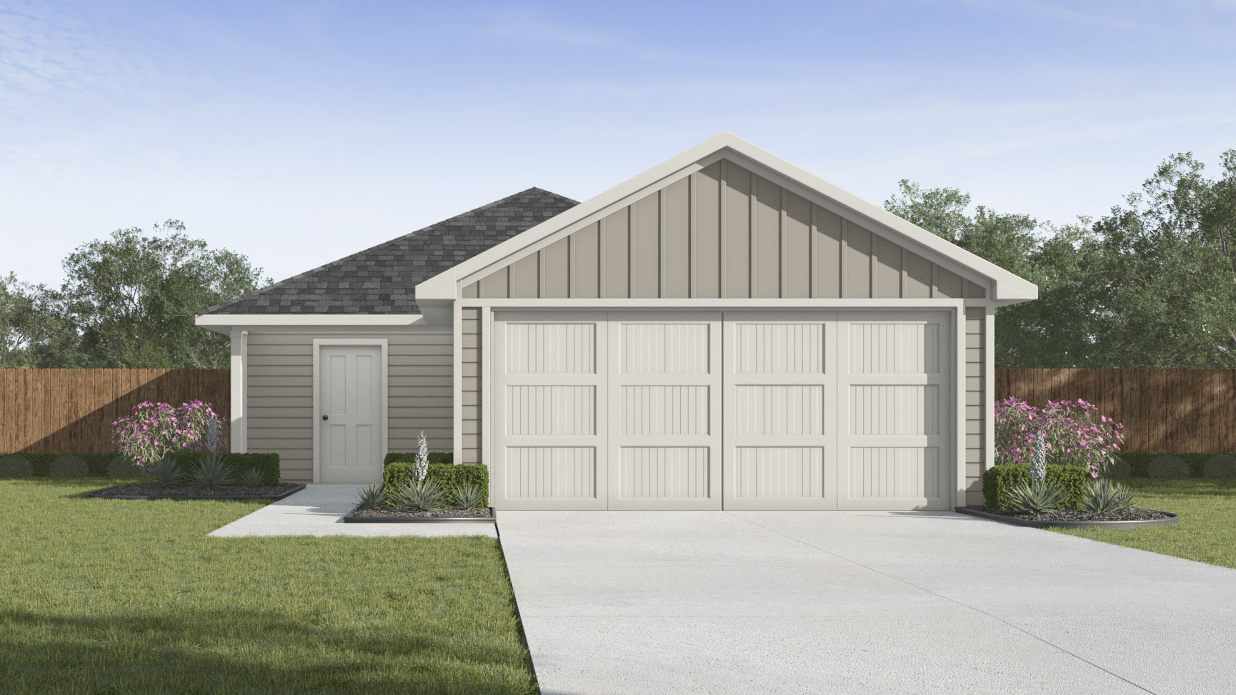 single story home rendering with 2 car garge
