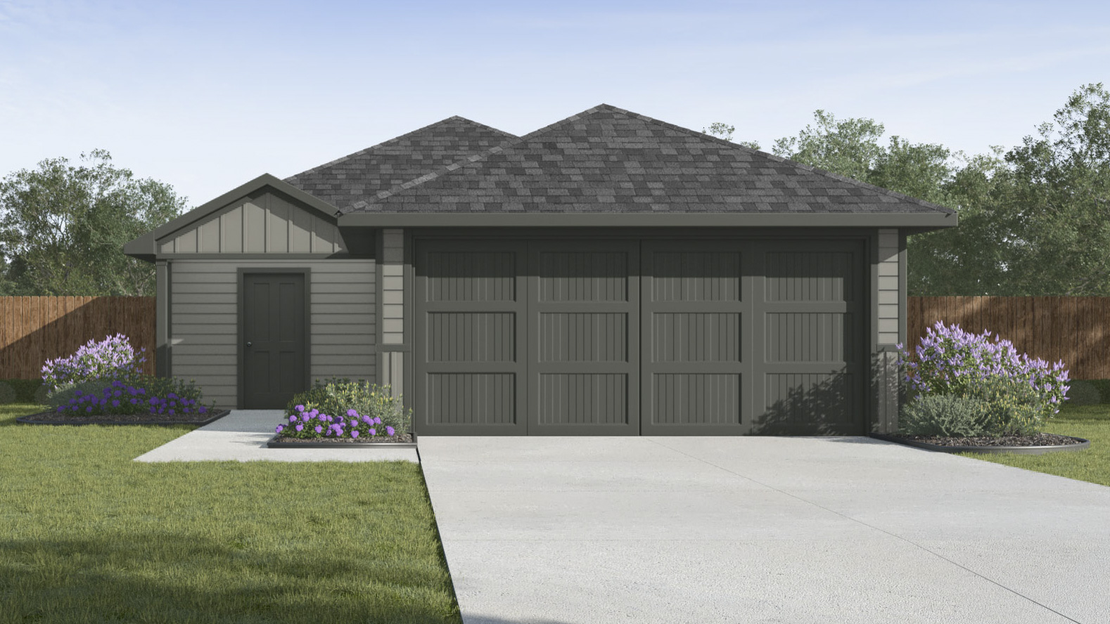 single story house rendering with 2 car garage