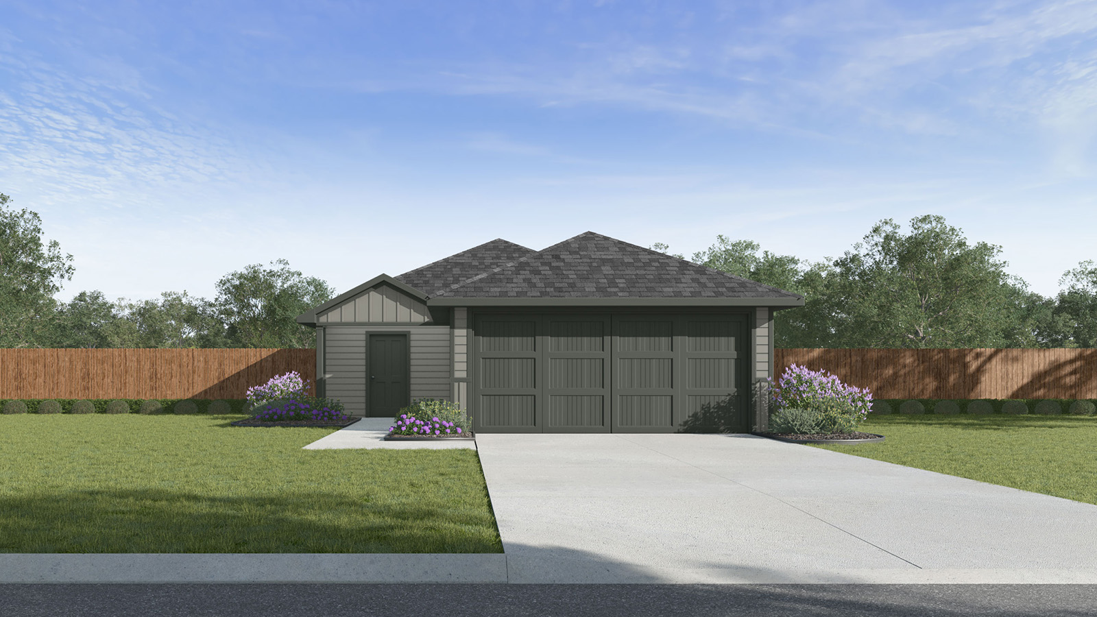Single story home with gray siding and 2 car garage