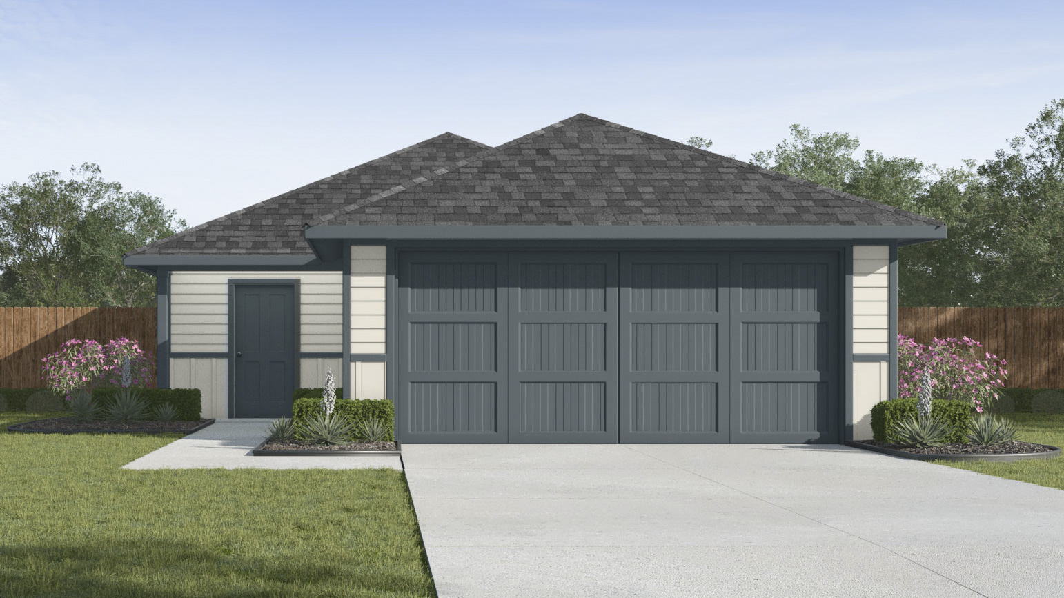 single story home rendering with 2 car garage