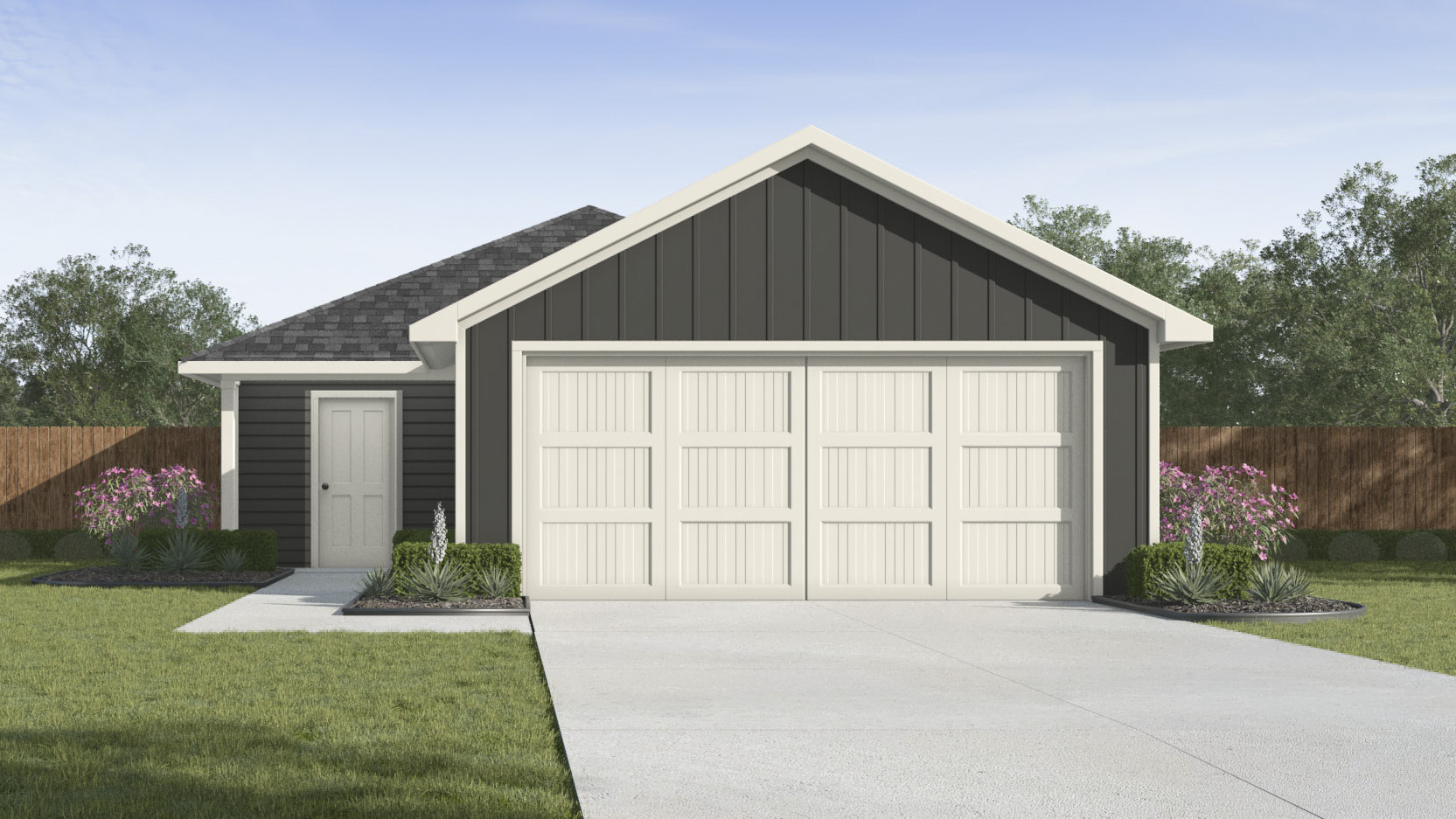 single story house rendering with 2 car garage