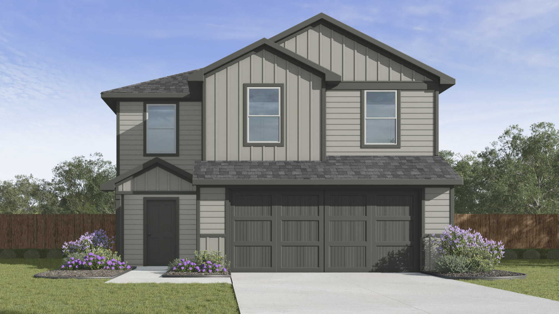 2 story house rendering with 2 car garage