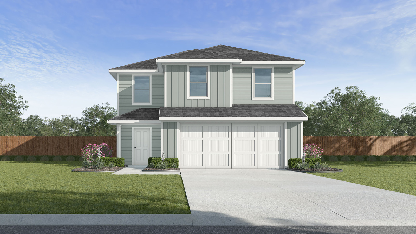 Two story home exterior with siding and a two-car garage