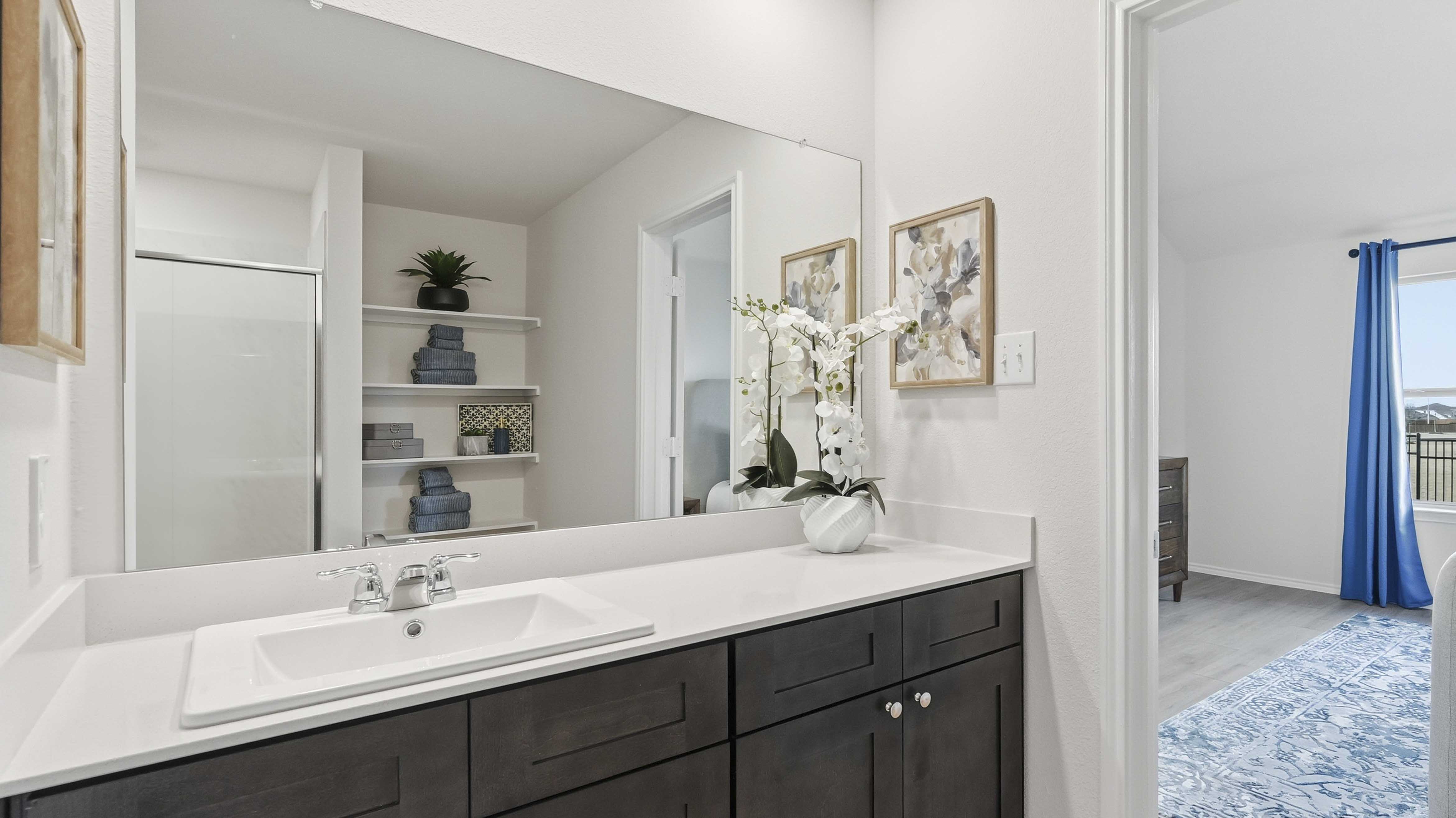 primary bathroom with dark colored cabinets and white counters