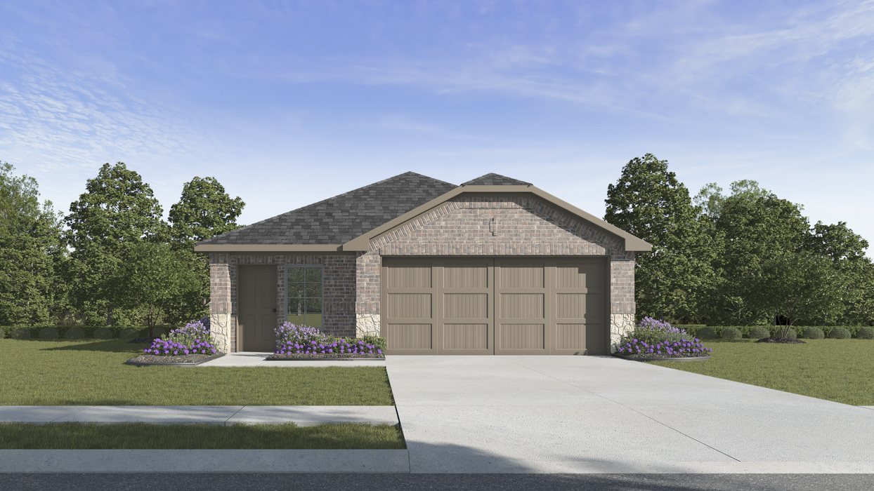rendering of one story home with brick exterior and front side entry to the home