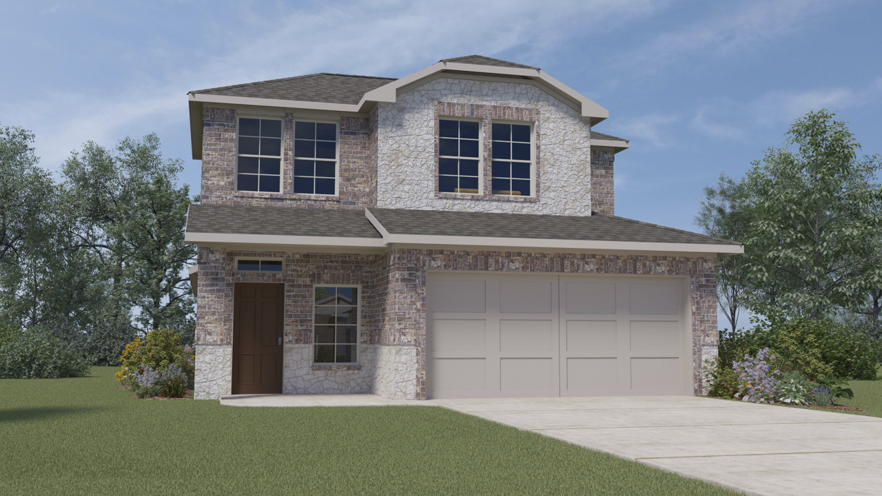 rendering of two story home with brick exterior and large windows facing the front yard