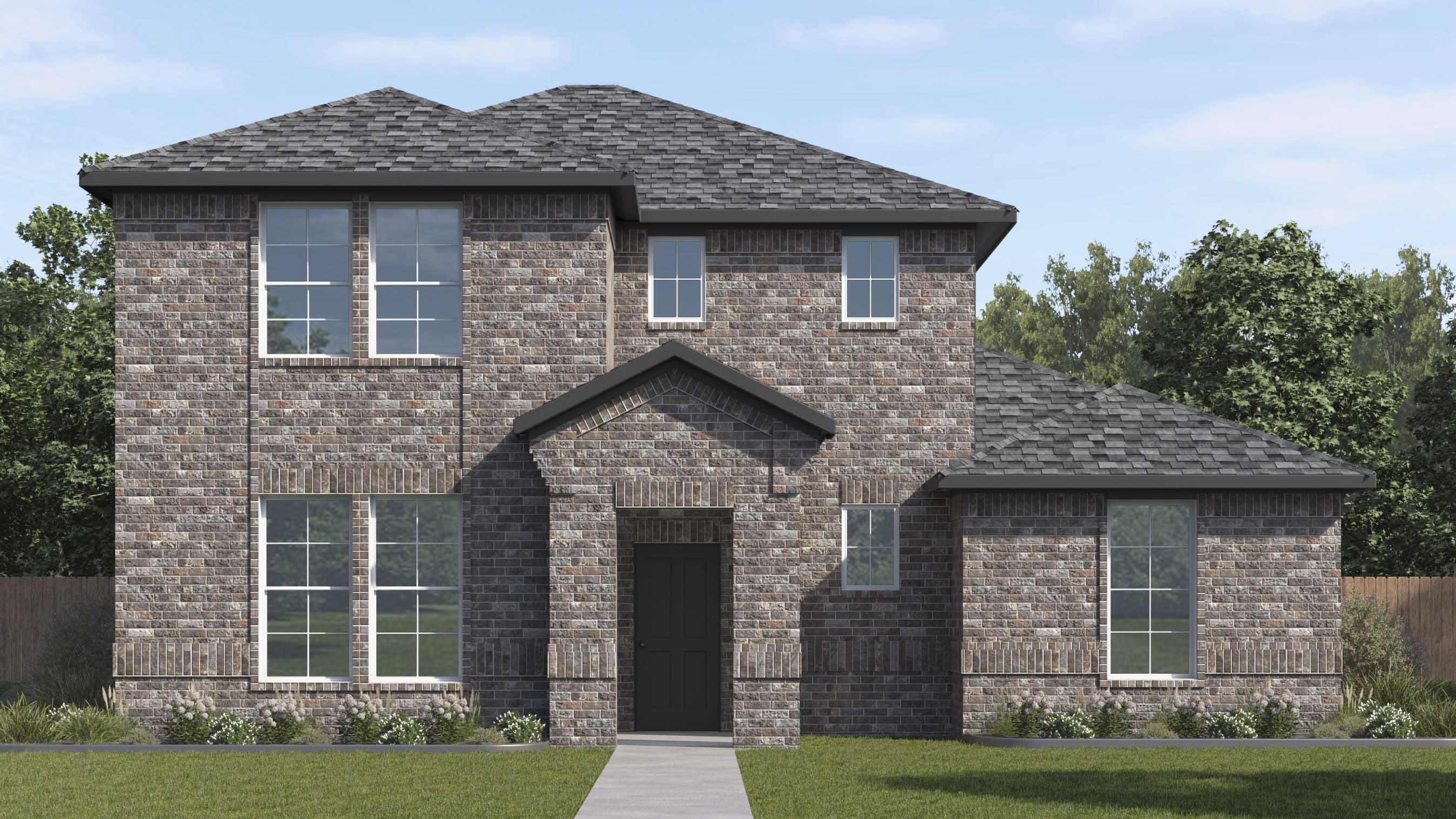 rendering of two story home with brick exterior large windows facing the front yard and middle front entry to the home
