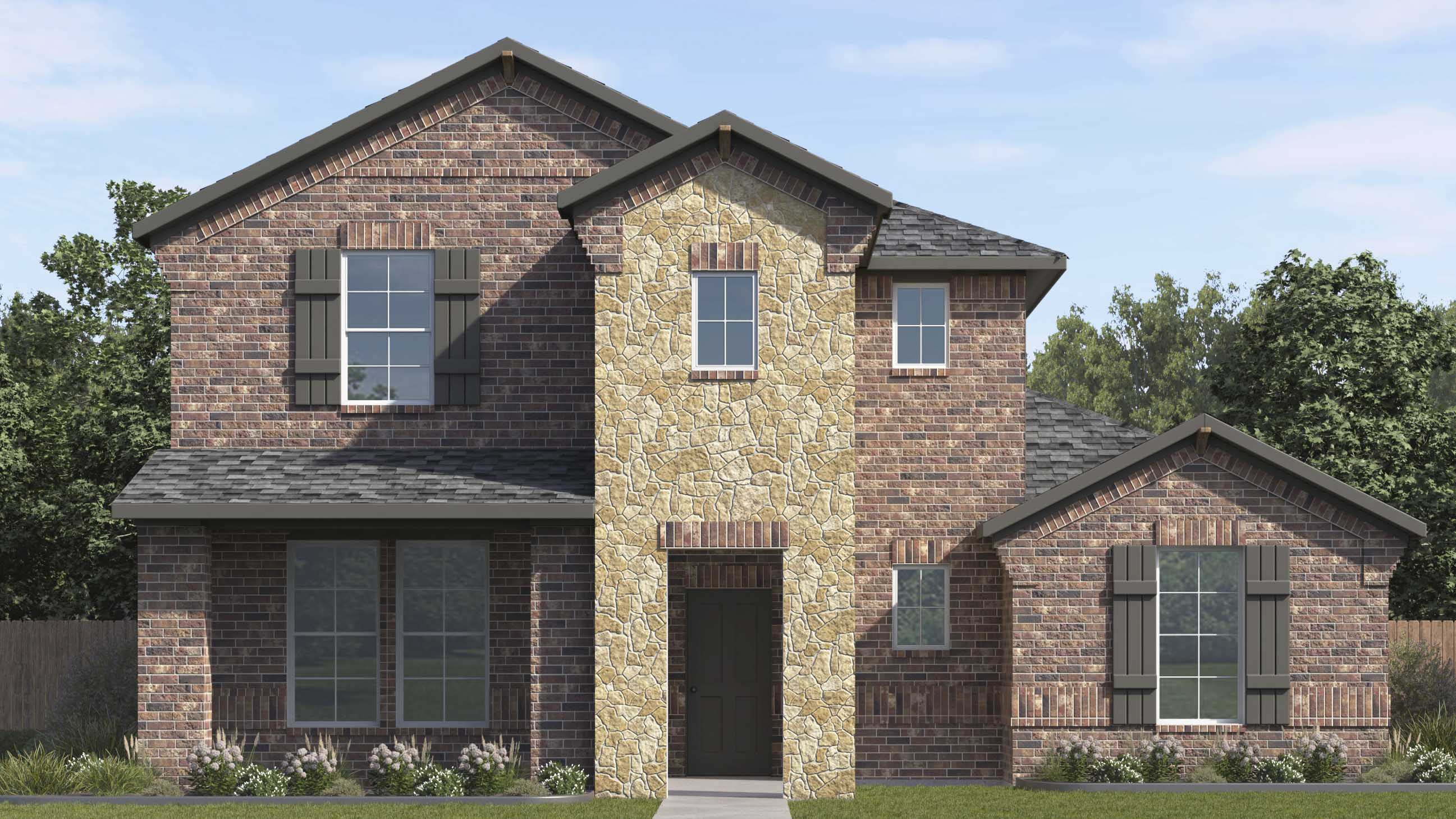 rendering of two story home with brick exterior large windows facing the front yard and middle front entry to the home with a porch