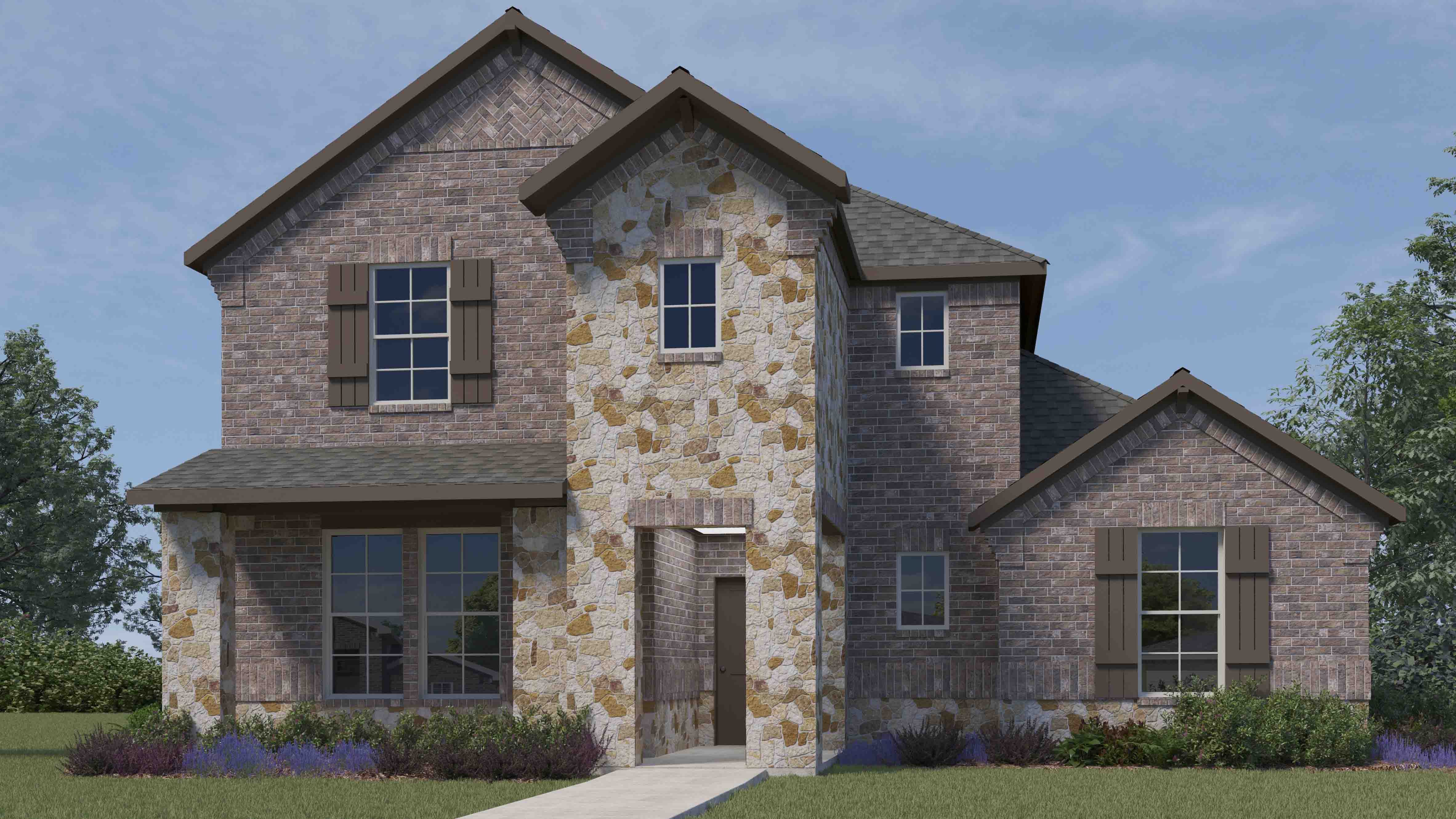 rendering of two story home with brick and stone exterior