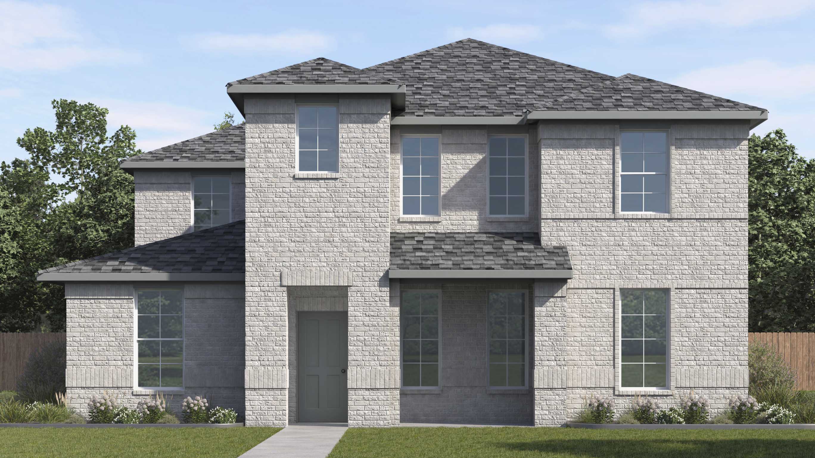 rendering of two story with light colored brick large windows facing the front yard and front middle entry to the home