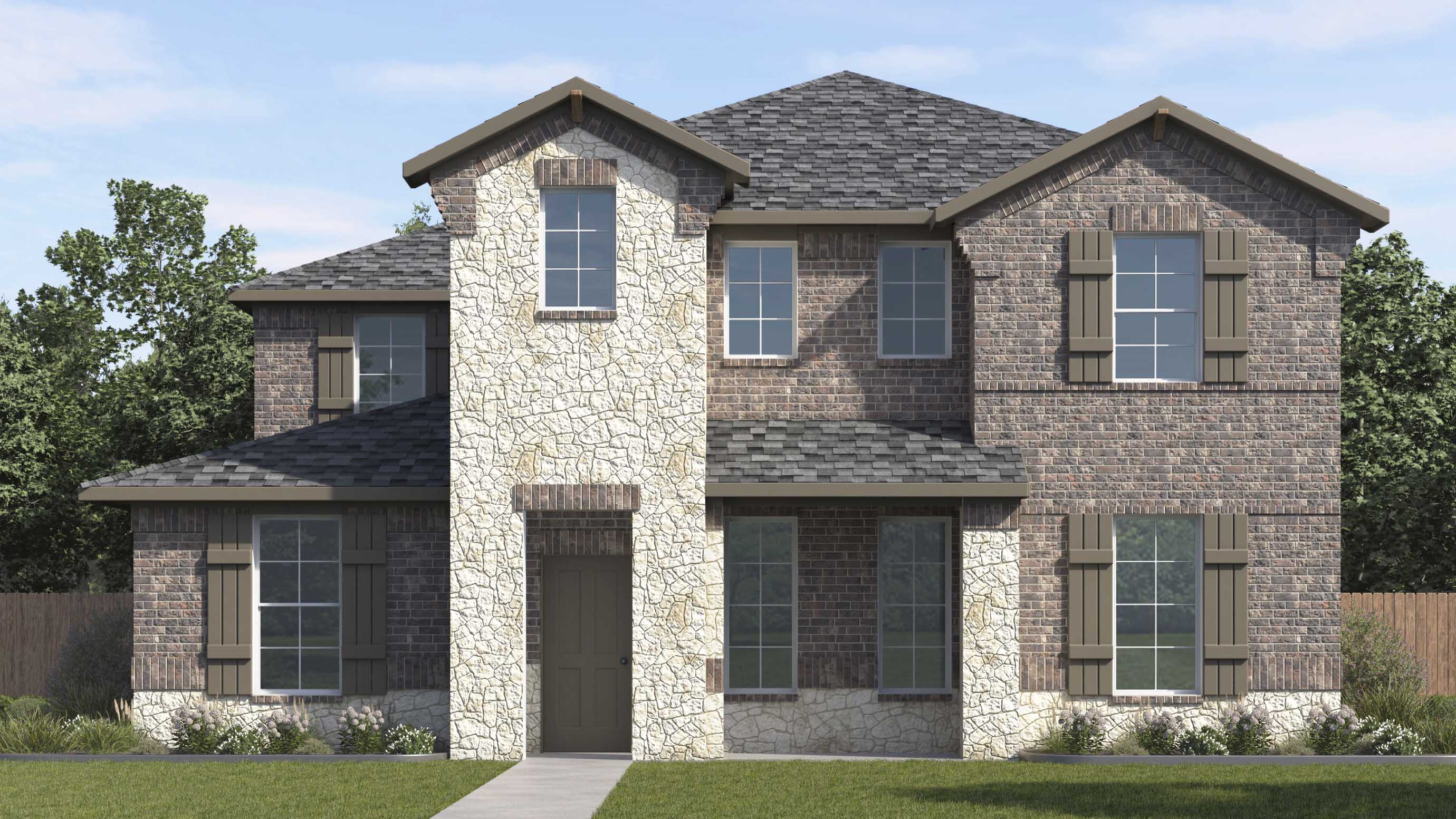 rendering of two story with light colored brick large windows facing the front yard and front middle entry to the home
