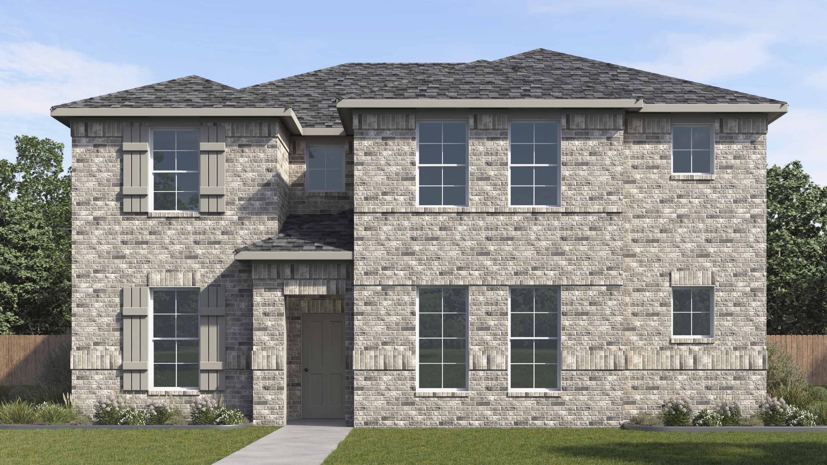 rendering of two story home with light colored brick and large windows facing the front yard