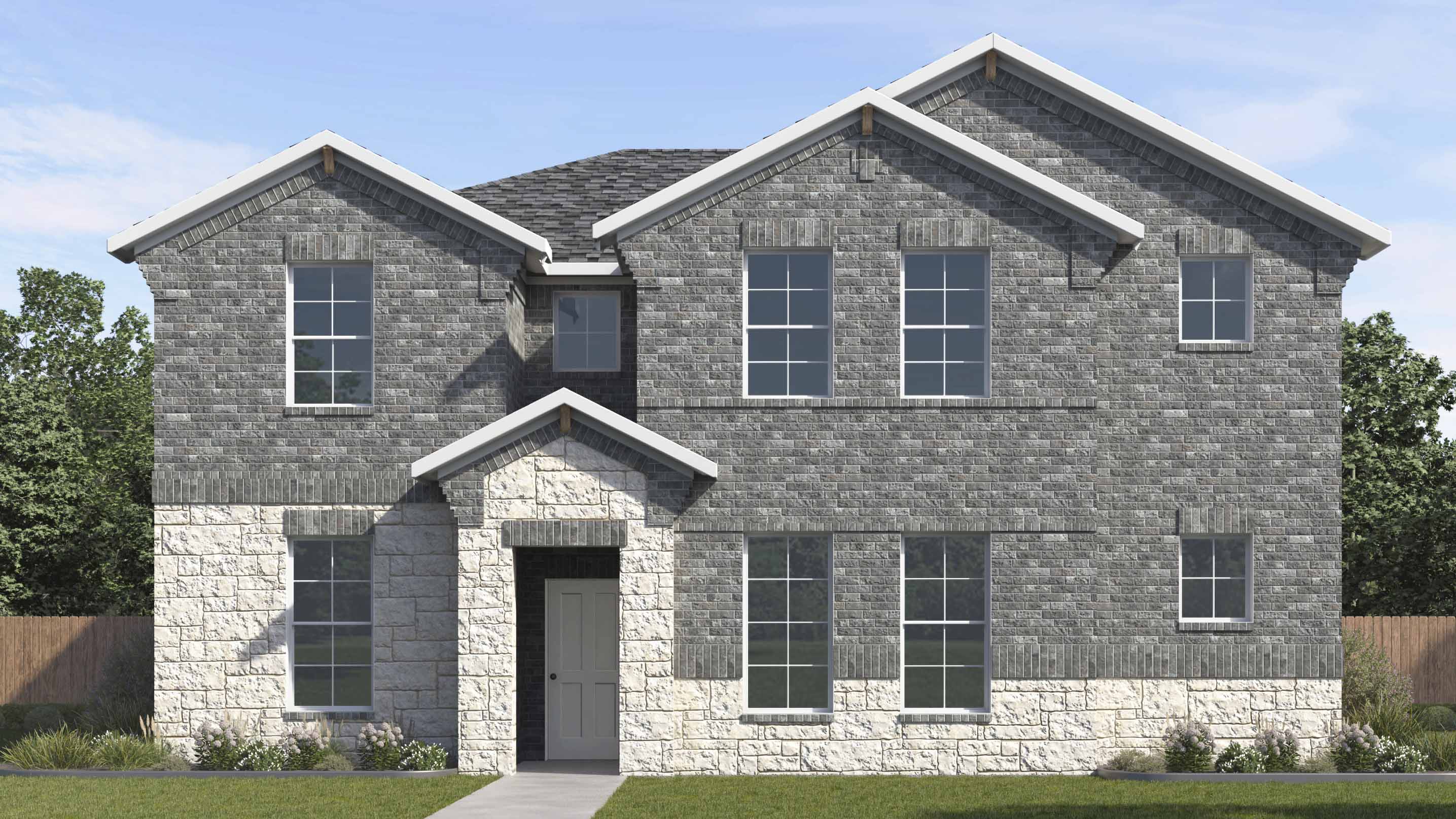 rendering of two story home with light colored brick and large windows facing the front yard