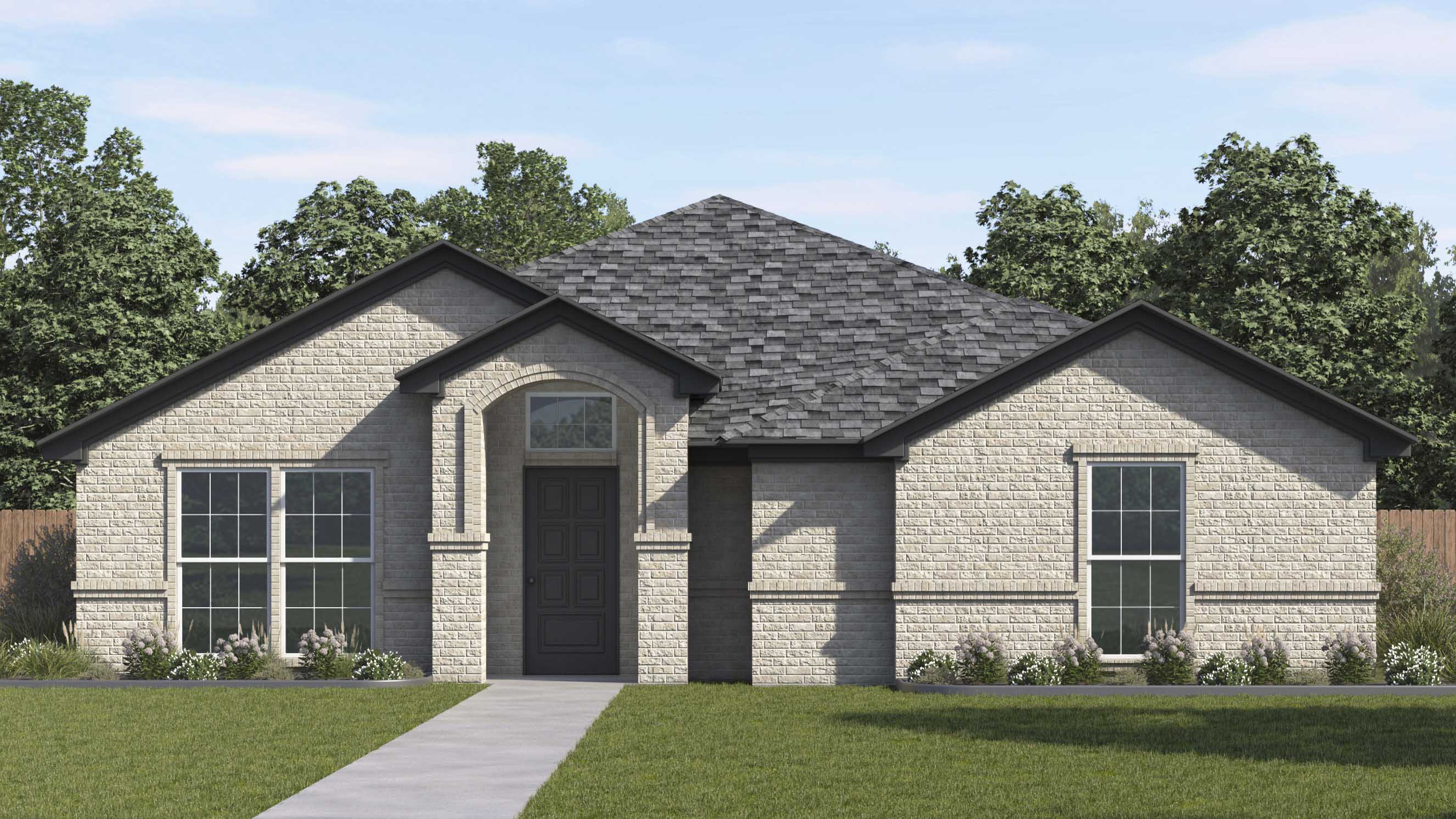 rendering of one story plan with light colored brick and dark accents and roofing