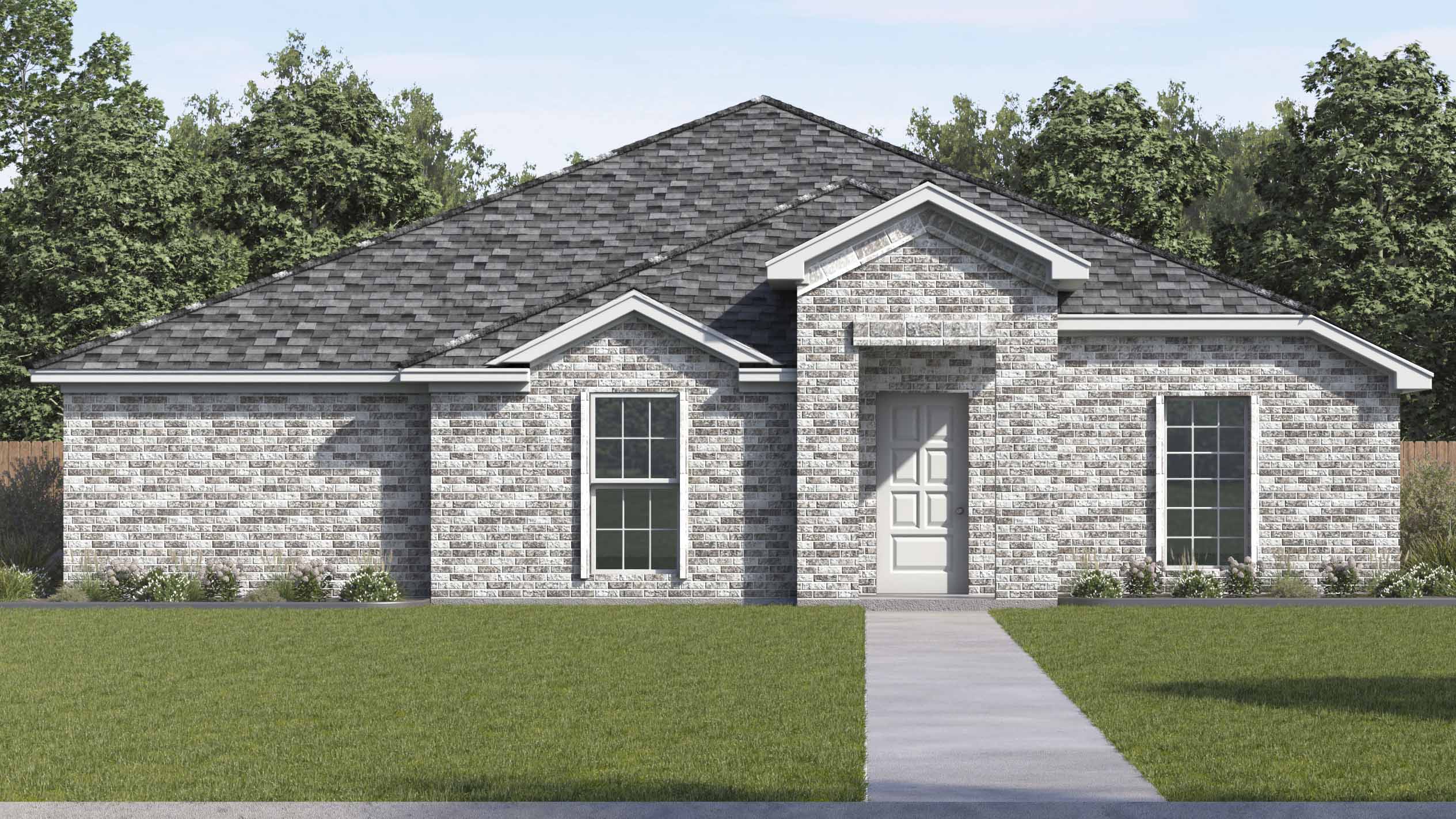 rendering of one story home with brick exterior and front middle entry to the home with large windows facing the front yard